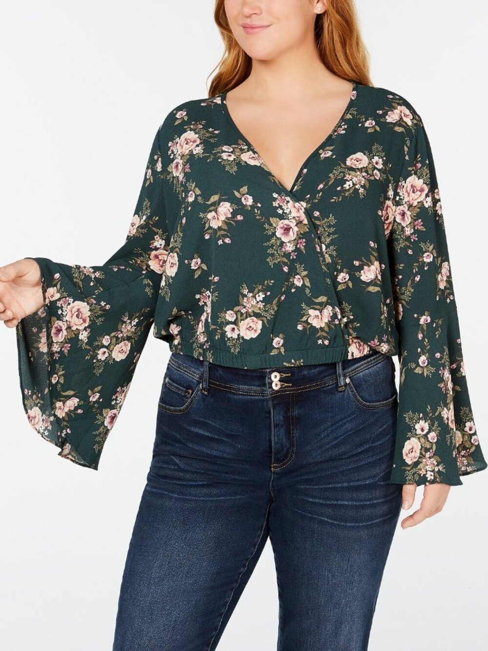 Soprano Womens Plus Size Cropped Floral Print Surplice Top